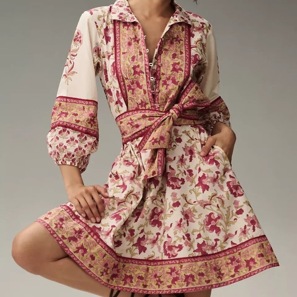 Sue Sartor Long-Sleeve Short Flounce Dress in Pink Combo (NWT)